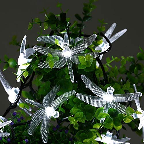 AMZSTAR Solar Powered String Lights Waterproof,19.7ft 8 Modes 30LED Dragonfly Fairy Lights Decorative Lighting for Indoor/Outdoor Home Garden Lawn Fence Patio Party (White)