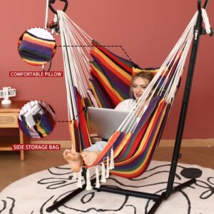 Hammock Chair with Stand Double Hammock Chair Bohemian Style with Tassel Mobile Phone Support Manual Adjustable Swing Indoor and Outdoor Garden Porch with Floor mat Reclining Capacity 400 pounds