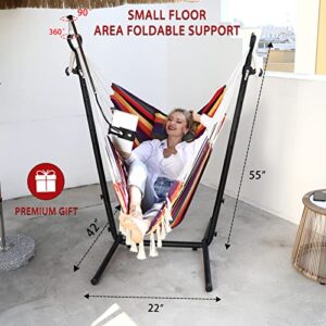 Hammock Chair with Stand Double Hammock Chair Bohemian Style with Tassel Mobile Phone Support Manual Adjustable Swing Indoor and Outdoor Garden Porch with Floor mat Reclining Capacity 400 pounds