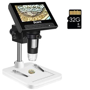 coin microscope, dcorn 4.3 inch lcd digital microscope with 32gb tf card 10x-1000x magnification video camera handheld microscope for coin observation/pcb soldering, windows compatible
