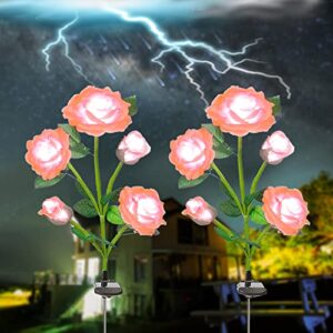 smilingtown solar garden stake lights 2 pack with 10 rose flowers landscape path decorative lights waterproof for outdoor yard grave cemetery pathway courtyard lawn (pink)