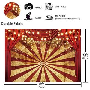 Funnytree 8x6ft Durable Fabric Golden Glitter Red Curtain Photography Backdrop No Wrinkles Circus Carnival Sparkle Stripes Background Baby Shower Birthday Party Potrait Decor Banner Photo Booth Props