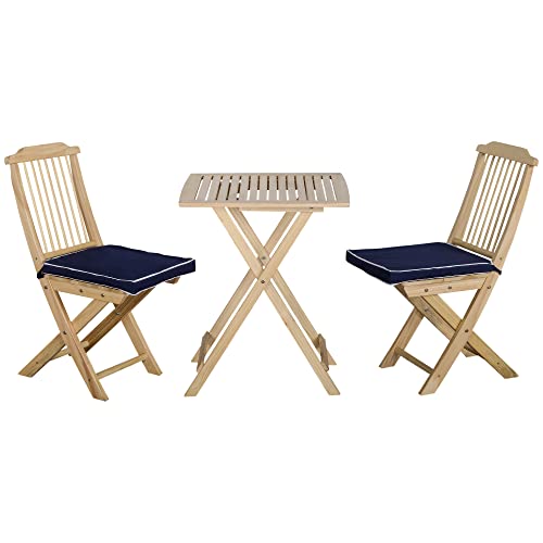 Outsunny Bistro Table and Chairs Set of 2, Wood Patio Table, Wooden Folding Chairs, Cushions with Straps, 3 Piece Outdoor Furniture Set, Slatted, Natural