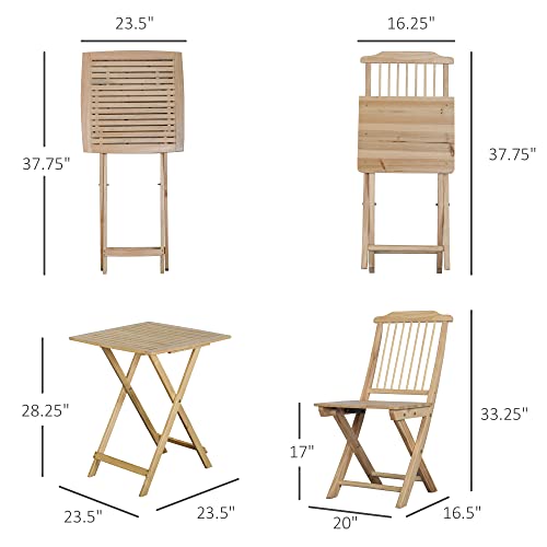 Outsunny Bistro Table and Chairs Set of 2, Wood Patio Table, Wooden Folding Chairs, Cushions with Straps, 3 Piece Outdoor Furniture Set, Slatted, Natural