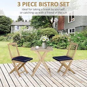 Outsunny Bistro Table and Chairs Set of 2, Wood Patio Table, Wooden Folding Chairs, Cushions with Straps, 3 Piece Outdoor Furniture Set, Slatted, Natural