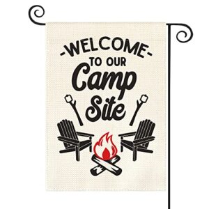 avoin colorlife welcome to our camp site garden flag vertical double sided, cottage log fire chair flag yard outdoor decoration 12.5 x 18 inch