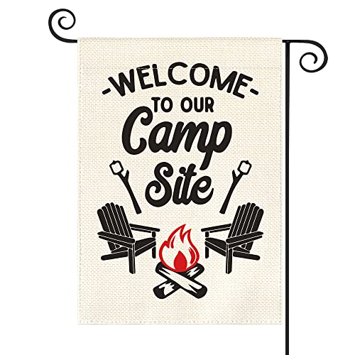 AVOIN colorlife Welcome To Our Camp Site Garden Flag Vertical Double Sided, Cottage Log Fire Chair Flag Yard Outdoor Decoration 12.5 x 18 Inch