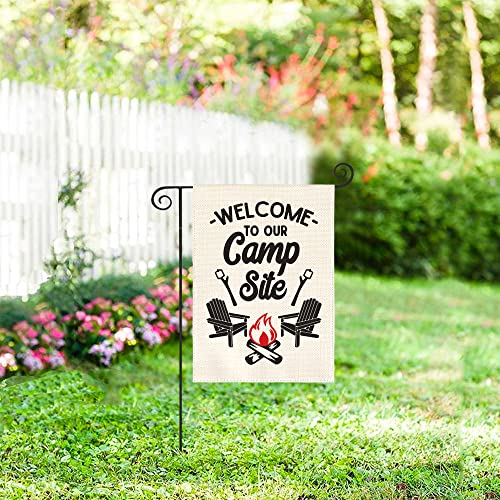 AVOIN colorlife Welcome To Our Camp Site Garden Flag Vertical Double Sided, Cottage Log Fire Chair Flag Yard Outdoor Decoration 12.5 x 18 Inch