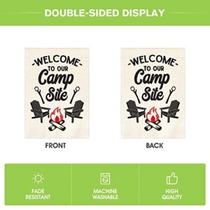 AVOIN colorlife Welcome To Our Camp Site Garden Flag Vertical Double Sided, Cottage Log Fire Chair Flag Yard Outdoor Decoration 12.5 x 18 Inch