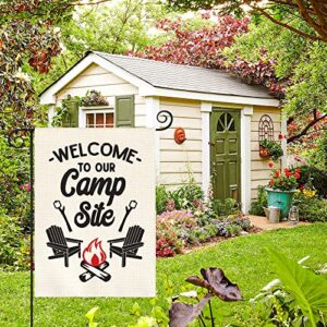 AVOIN colorlife Welcome To Our Camp Site Garden Flag Vertical Double Sided, Cottage Log Fire Chair Flag Yard Outdoor Decoration 12.5 x 18 Inch