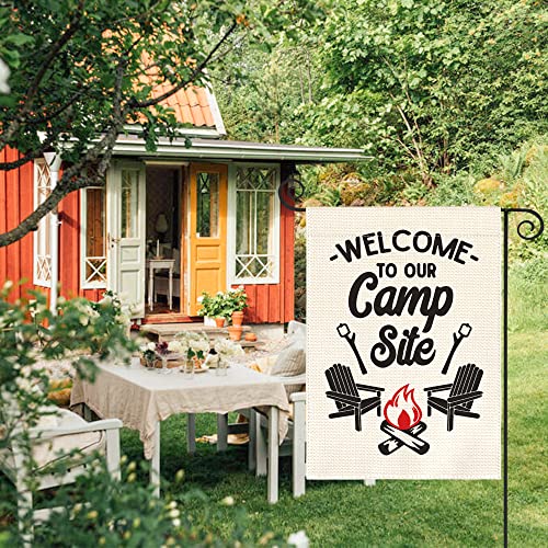AVOIN colorlife Welcome To Our Camp Site Garden Flag Vertical Double Sided, Cottage Log Fire Chair Flag Yard Outdoor Decoration 12.5 x 18 Inch