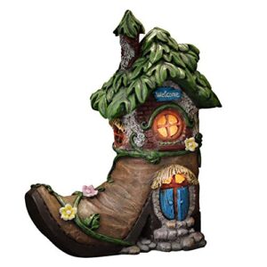 teresa’s collections boot fairy house garden statues with solar lights, resin fairy garden accessories outdoor cottage figurines green lawn ornaments decor for outside patio yard decorations, 8.5″