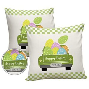 Pack of 2 Outdoor Pillow Covers Happy Easter Colorful Floral Texture Truck Waterproof Decorative Patio Cushion Cover Green Check Outdoor Throw Pillows for Patio Furniture Garden Sofa 18x18 Inch