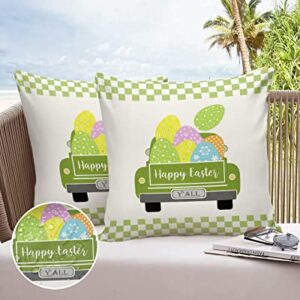 Pack of 2 Outdoor Pillow Covers Happy Easter Colorful Floral Texture Truck Waterproof Decorative Patio Cushion Cover Green Check Outdoor Throw Pillows for Patio Furniture Garden Sofa 18x18 Inch