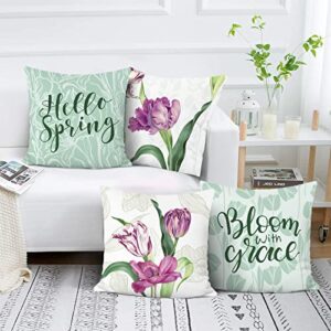 Bonhause Tulip Spring Pillow Covers 18x18 Set of 4 Hello Spring Flower Bloom Decorative Pillows Case Soft Velvet for Couch Sofa Patio Home Decor