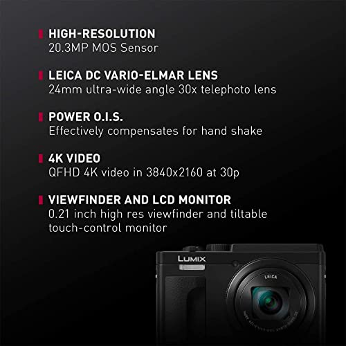 Panasonic LUMIX ZS80D 4K Digital Camera, 20.3MP 1/2.3-inch Sensor, 30X Leica DC Vario-Elmar Lens, F3.3-6.4 Aperture, WiFi, Hybrid O.I.S. Stabilization, 3-Inch LCD, DC-ZS80DK (Black)