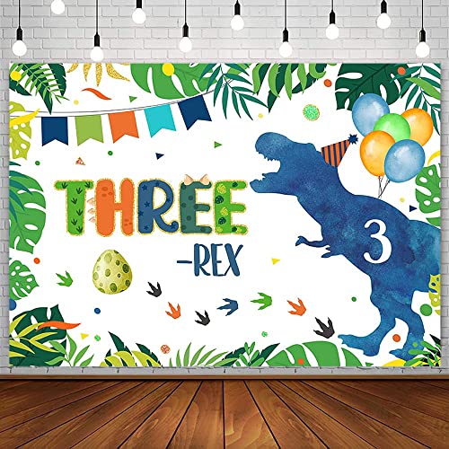 AIBIIN 7x5ft Dinosaur Three-rex Birthday Backdrop for Boy Happy 3rd Birthday Dinosaur Egg Balloon Confetti Photography Background 3 Years Old Party Decorations Supplies Banner Photo Shoot Studio Props