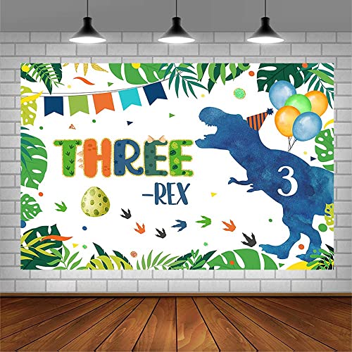 AIBIIN 7x5ft Dinosaur Three-rex Birthday Backdrop for Boy Happy 3rd Birthday Dinosaur Egg Balloon Confetti Photography Background 3 Years Old Party Decorations Supplies Banner Photo Shoot Studio Props