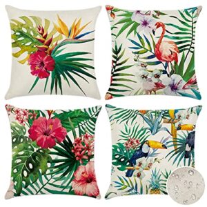 OTOSTAR Pack of 4 Waterproof Throw Pillow Covers, Tropical Plants and Flowers Parrot Flamingo Pattern Cushion Cover, Indoor&Outdoor Decorative Pillowcase for Patio Couch Bed Sofa, 16x16 Inch