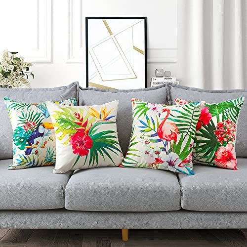 OTOSTAR Pack of 4 Waterproof Throw Pillow Covers, Tropical Plants and Flowers Parrot Flamingo Pattern Cushion Cover, Indoor&Outdoor Decorative Pillowcase for Patio Couch Bed Sofa, 16x16 Inch