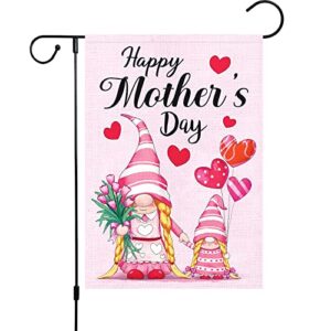 louise maelys happy mother’s day garden flag for mom 12×18 double sided, burlap small vertical pink gnome garden yard flags for spring outside outdoor house mothers day decoration (only flag)