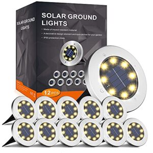 incx solar ground lights, 8 led garden lights solar powered,disk lights waterproof in-ground outdoor landscape lighting for patio pathway lawn yard deck driveway walkway,warm white 12 packs