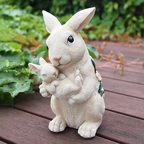 AIGEL Easter Bunny Garden Statue Outdoor Solar Decor, Mother Rabbit Holding Baby in Hands, Standing Statue for Patio, Lawn, Yard Art Decoration, Figurine Ornament Gift