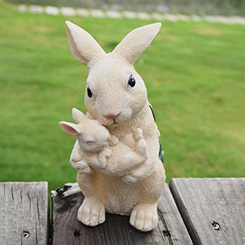 AIGEL Easter Bunny Garden Statue Outdoor Solar Decor, Mother Rabbit Holding Baby in Hands, Standing Statue for Patio, Lawn, Yard Art Decoration, Figurine Ornament Gift