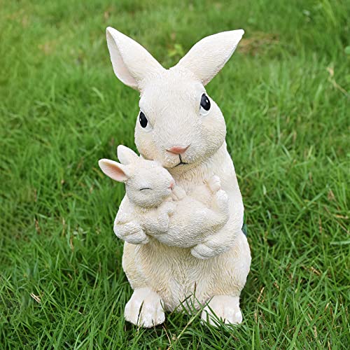 AIGEL Easter Bunny Garden Statue Outdoor Solar Decor, Mother Rabbit Holding Baby in Hands, Standing Statue for Patio, Lawn, Yard Art Decoration, Figurine Ornament Gift