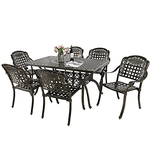 MEETWARM 7-Piece Outdoor Furniture Dining Set, All Weather Cast Aluminum Patio Garden Set with 6 Chairs, 1 Rectangular Table, 2" Umbrella Hole, Dark Bronze