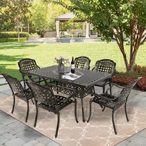 MEETWARM 7-Piece Outdoor Furniture Dining Set, All Weather Cast Aluminum Patio Garden Set with 6 Chairs, 1 Rectangular Table, 2" Umbrella Hole, Dark Bronze