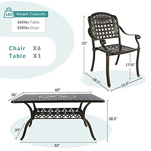 MEETWARM 7-Piece Outdoor Furniture Dining Set, All Weather Cast Aluminum Patio Garden Set with 6 Chairs, 1 Rectangular Table, 2" Umbrella Hole, Dark Bronze