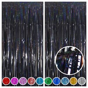 melsan 2 pack 3.2 ft x 8.2 ft tinsel foil fringe curtains backdrop, sparkle metallic foil curtains for party photo booth props decoration (black)