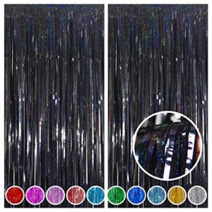 Melsan 2 Pack 3.2 ft x 8.2 ft Tinsel Foil Fringe Curtains Backdrop, Sparkle Metallic Foil Curtains for Party Photo Booth Props Decoration (Black)