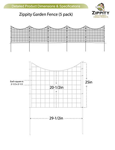 Zippity Outdoor Products WF29001 25 in H No Dig Decorative Metal Pet Easy Install Dog Fence For Yard, Wire Garden Border, (5 Panels, Black)