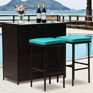 3-piece patio bar set outdoor wicker bar set all-weather rattan bar table set outdoor furniture set w/2 stools, glass top table and 2 thick cushion for patios backyards porches gardens poolside, blue