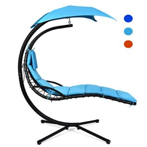 giantex hanging chaise lounger chair, arc stand porch swing chair, outdoor swing with canopy, cushion built-in pillow, outdoor hanging curved chaise for patio poolside backyard garden (blue)