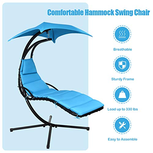 Giantex Hanging Chaise Lounger Chair, Arc Stand Porch Swing Chair, Outdoor Swing with Canopy, Cushion Built-in Pillow, Outdoor Hanging Curved Chaise for Patio Poolside Backyard Garden (Blue)