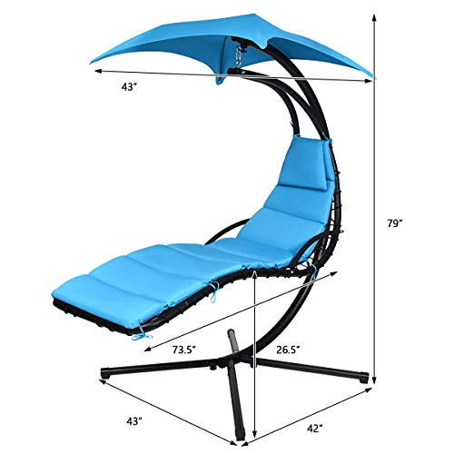 Giantex Hanging Chaise Lounger Chair, Arc Stand Porch Swing Chair, Outdoor Swing with Canopy, Cushion Built-in Pillow, Outdoor Hanging Curved Chaise for Patio Poolside Backyard Garden (Blue)