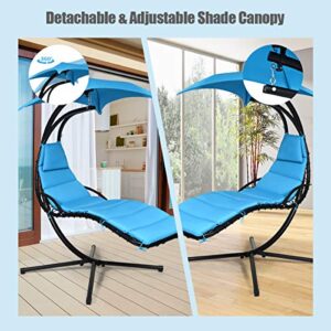 Giantex Hanging Chaise Lounger Chair, Arc Stand Porch Swing Chair, Outdoor Swing with Canopy, Cushion Built-in Pillow, Outdoor Hanging Curved Chaise for Patio Poolside Backyard Garden (Blue)