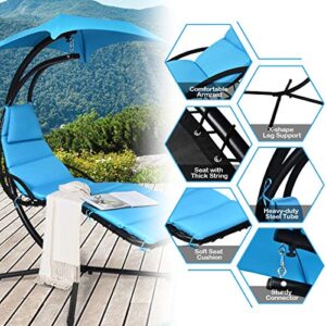 Giantex Hanging Chaise Lounger Chair, Arc Stand Porch Swing Chair, Outdoor Swing with Canopy, Cushion Built-in Pillow, Outdoor Hanging Curved Chaise for Patio Poolside Backyard Garden (Blue)