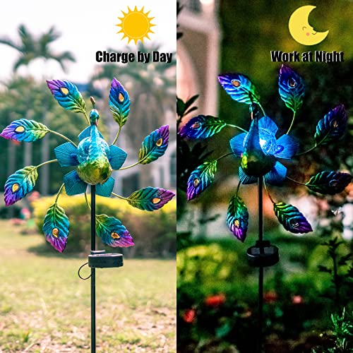 VEWOGARDEN 42.5 inch Peacock Metal Solar Wind Spinner, Wind Sculpture Yard Art Decorations for Patio, Lawn & Garden Decor