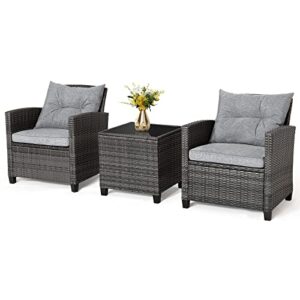 relax4life wicker patio furniture sets – 3 pieces patio rattan sofa set, outdoor conversation set with tempered glass tabletop, heavy-duty steel frame, wicker chair set for poolside, backyard, grey