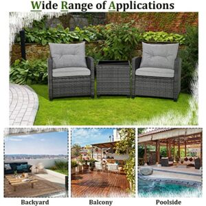 RELAX4LIFE Wicker Patio Furniture Sets - 3 Pieces Patio Rattan Sofa Set, Outdoor Conversation Set with Tempered Glass Tabletop, Heavy-Duty Steel Frame, Wicker Chair Set for Poolside, Backyard, Grey