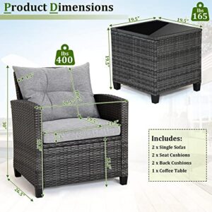 RELAX4LIFE Wicker Patio Furniture Sets - 3 Pieces Patio Rattan Sofa Set, Outdoor Conversation Set with Tempered Glass Tabletop, Heavy-Duty Steel Frame, Wicker Chair Set for Poolside, Backyard, Grey