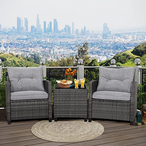 RELAX4LIFE Wicker Patio Furniture Sets - 3 Pieces Patio Rattan Sofa Set, Outdoor Conversation Set with Tempered Glass Tabletop, Heavy-Duty Steel Frame, Wicker Chair Set for Poolside, Backyard, Grey