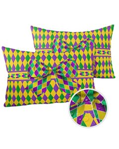 outdoor waterproof throw pillow covers set of 2 cushion cases mardi gras purple yellow green plaid bow pillow covers,decorative pillowcases for patio,garden,couch 20×12 inch