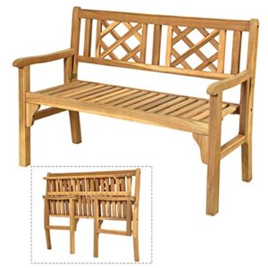 giantex patio wooden bench, 4 ft foldable acacia garden bench, two person loveseat chair with curved backrest and armrest ideal for patio, porch or balcony (teak)