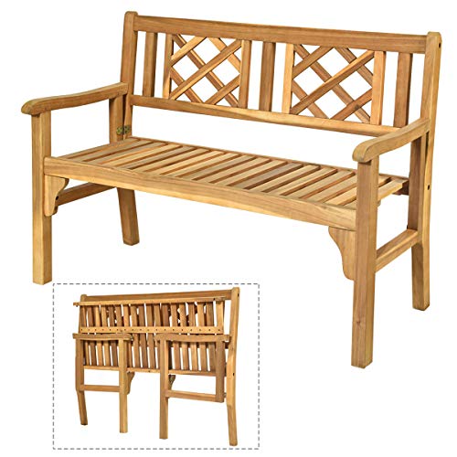 Giantex Patio Wooden Bench, 4 Ft Foldable Acacia Garden Bench, Two Person Loveseat Chair with Curved Backrest and Armrest Ideal for Patio, Porch or Balcony (Teak)