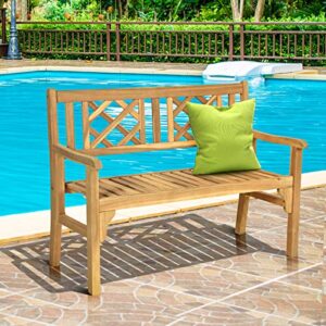 Giantex Patio Wooden Bench, 4 Ft Foldable Acacia Garden Bench, Two Person Loveseat Chair with Curved Backrest and Armrest Ideal for Patio, Porch or Balcony (Teak)